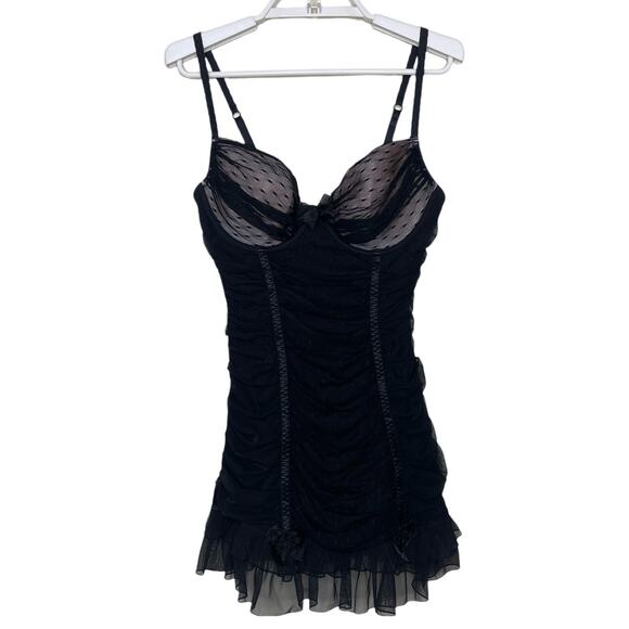 Victoria's Secret Sexy Little Things Black Pink Mesh Lace Ruched Mini Dress 36C - Picture 1 of 9